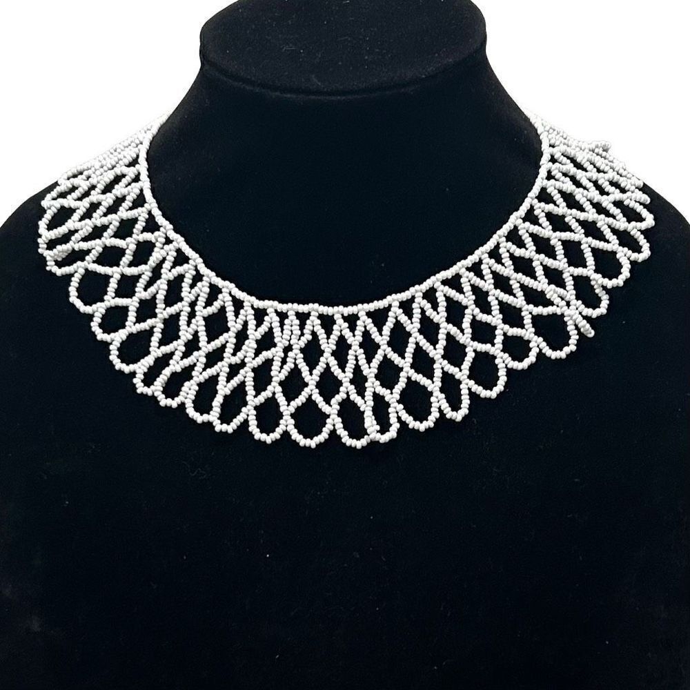 Vintage Handmade Collar Necklace Women's OS White Wide Netted Beaded